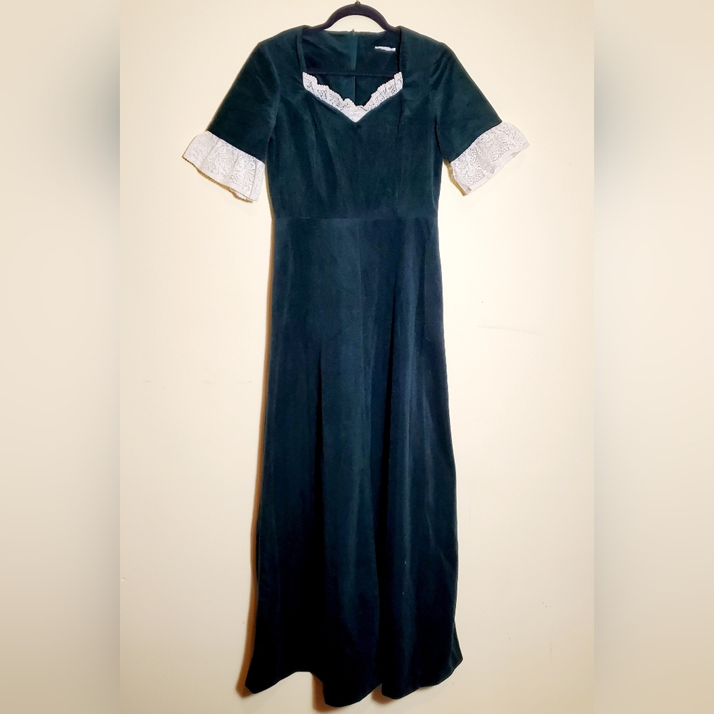 Vintage Elegant Green Felted Wool Maxi Dress Size M